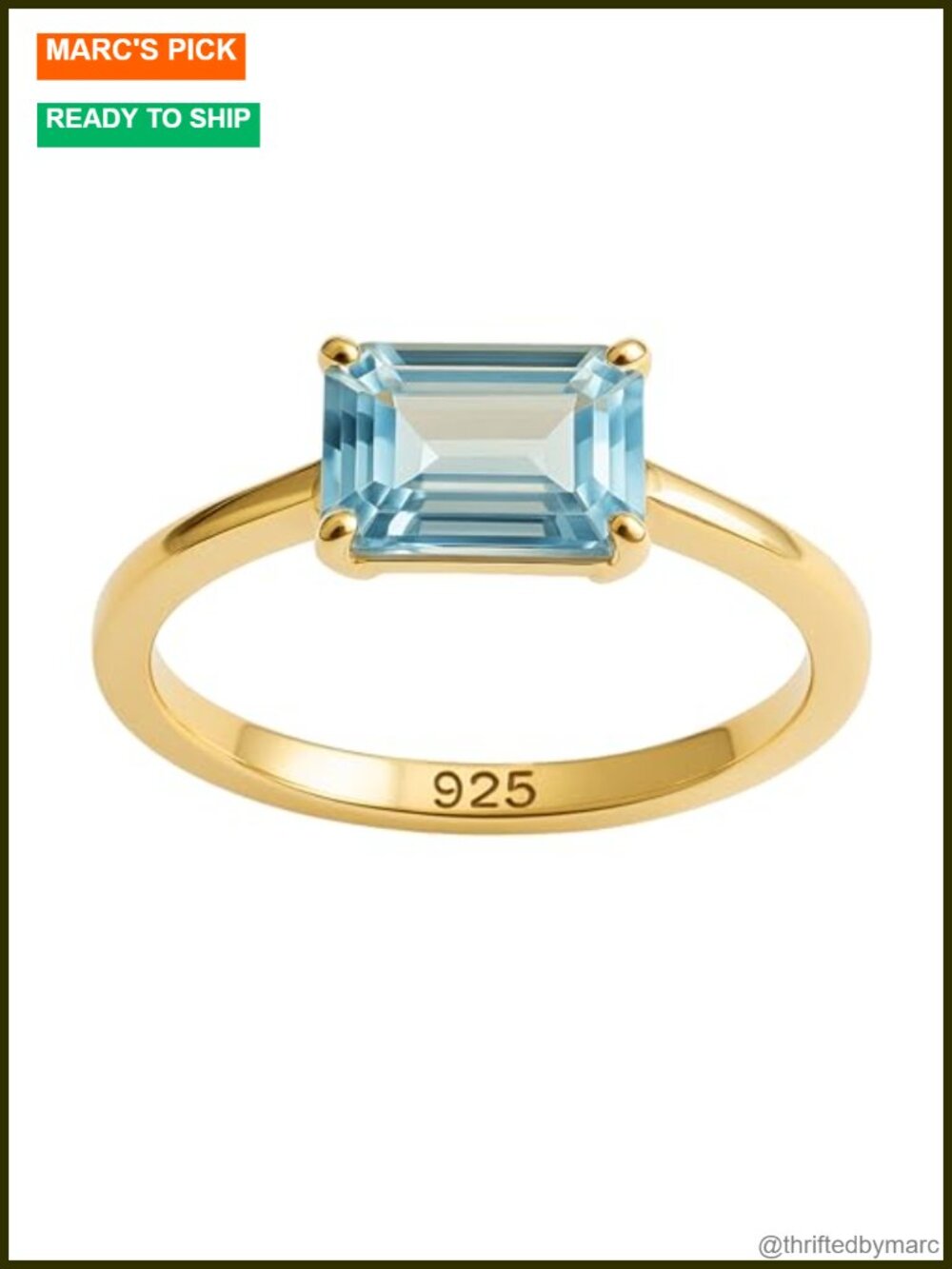 Blue Topaz Baguette Ring 925 Sterling Silver Gold Plated December Birthstone